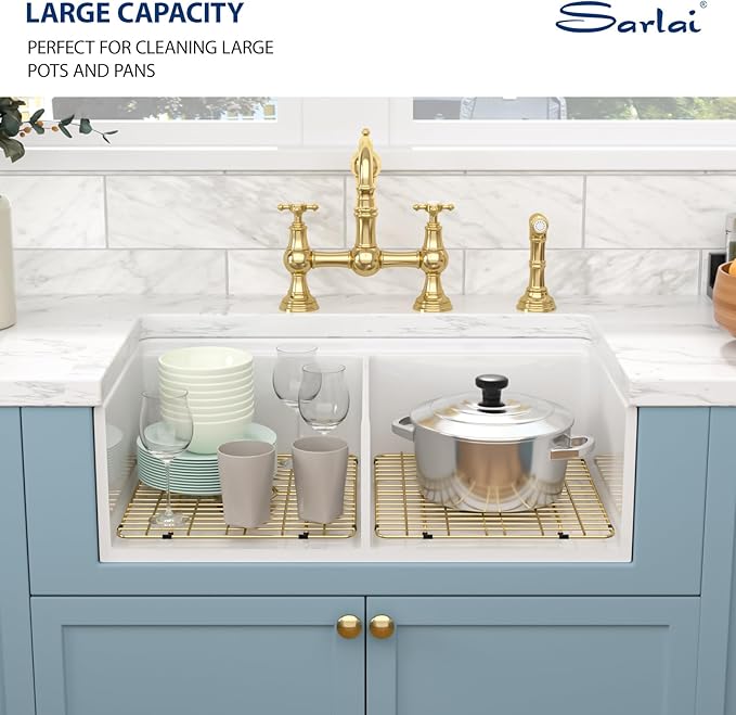 Sarlai 33 White Farmhouse Kitchen Sink Double Bowl - 33x20 Inch Apron Front Kitchen Sink Workstation Reversible Undermount Ceramic Fireclay Farmer Sinks Basin With Gold Accessories