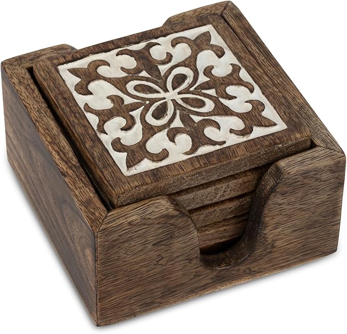 DEVLA Decorative 4 inch Wooden Coaster Set, Hand Carved with White Antique Design, 5 Coasters with Holder, Brown and White Antique