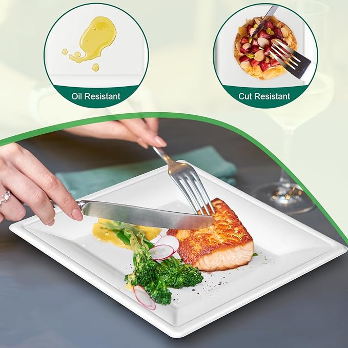Square Paper Plates 10 Inch [100-Pack] Compostable Eco Friendly Disposable Plates Heavy Duty, Biodegradable Recycled Bagasse Plates, Large Paper Dinner Plates, Sturdy White 10" Plate