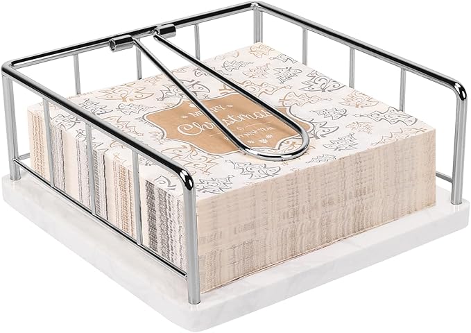 Livabber Flat Napkin Holder, Metal Kitchen Napkin Storage with Weighted Tension Arm Rustic Tissue Paper Dispenser for Countertop, Table Kitchen, Dining Room (With Marble Base, Chrome)