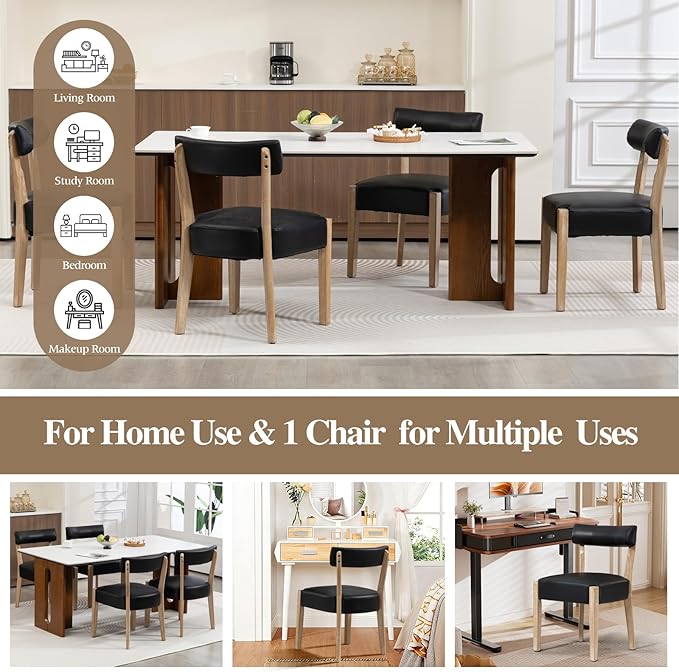 Modern Dining Chairs Set of 2 – Mid-Century Modern Faux Leather Upholstered Kitchen & Dining Room Chairs with Curved Back, Oversized Rounded Seat, Sturdy Wood Frame, Black