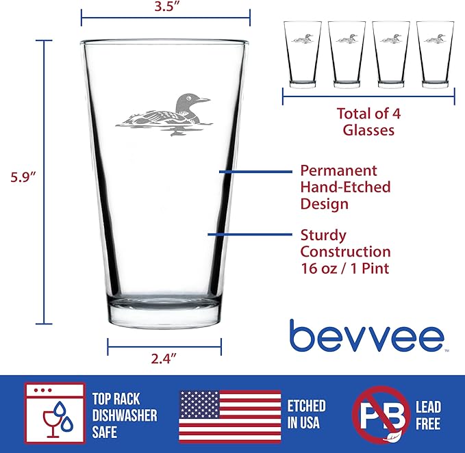 Bevvee Loon Pint Glass for Beer - Fun Bird Themed Gifts and Decor for Men & Women - Set of 4-16 oz Glasses