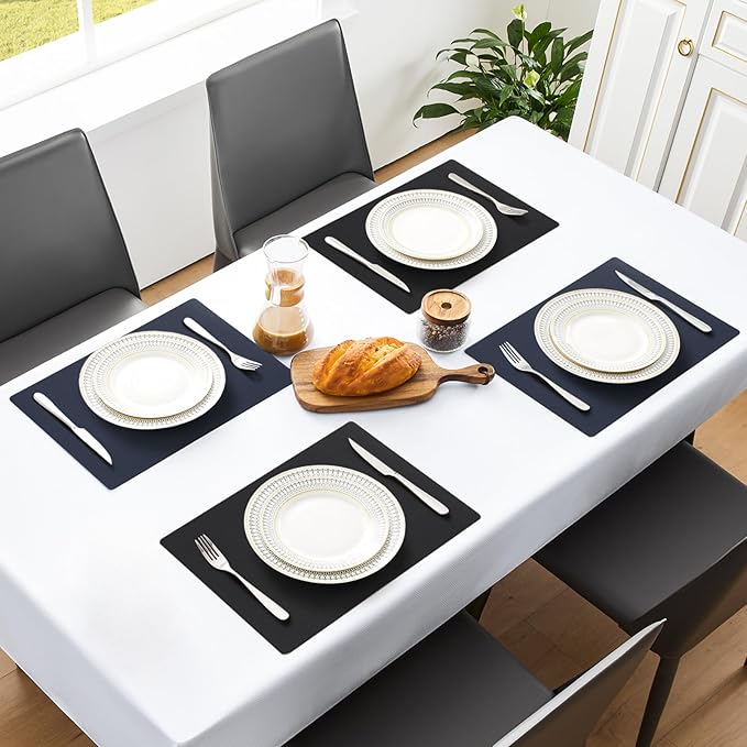 MOSAYT Vinyl Placemats Set of 4, Heat Resistant Place Mats 100% Waterproof Washable & Wipeable Faux Leather Reversible Table Mats for Kitchen Dining Party Indoor Outdoor, 12" x 17", Black/Navy