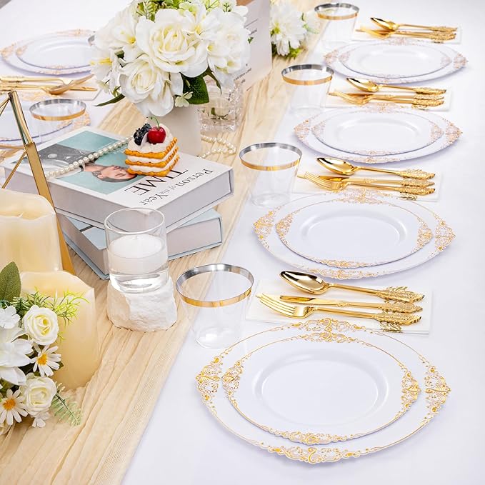 Hioasis 350pcs White and Gold Plates - White Party Plates for 50 Guest, Include 100 Heavy-duty Plates(20% Thicker Than Standard), 150 Cutlery Set, 50 Napkin, 50 Cups