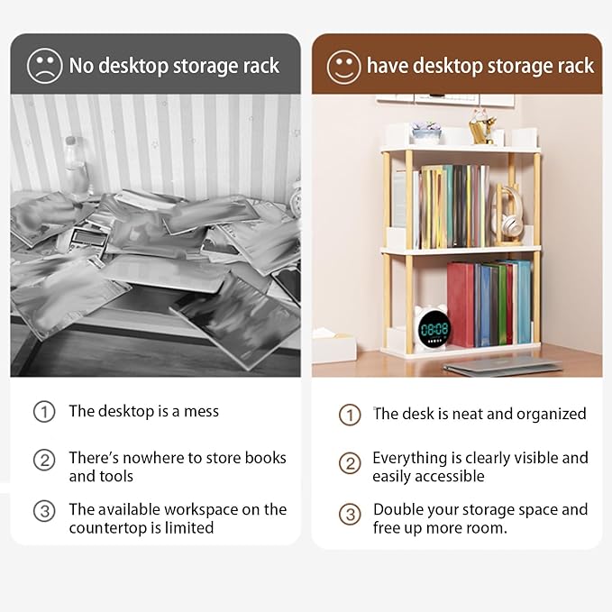 Desktop Organizer Shelf, Multi Tier Wood Tabletop Bookshelf, Space Saving Countertop Storage Rack for Office, Bedroom, Living Room(Warm White,11.8 * 7.8 * 26.7in)
