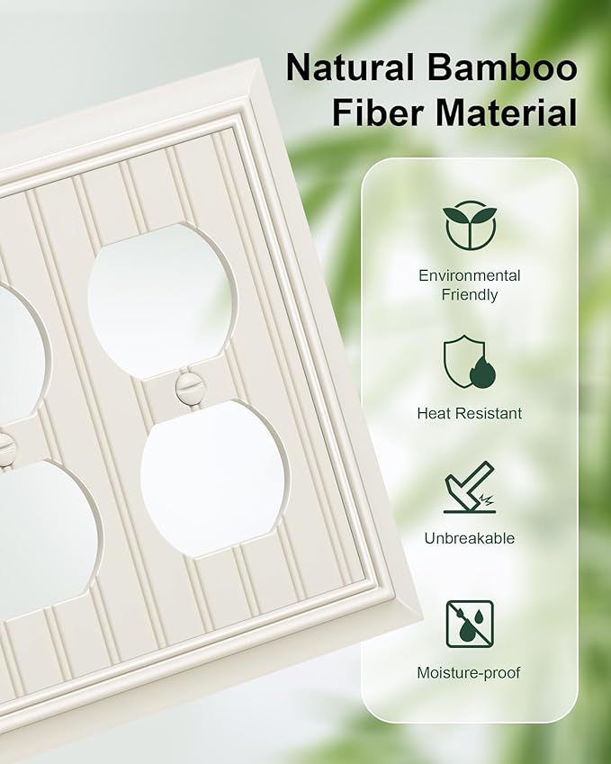 2-Pack Classic Beadboard Double Duplex Outlet Cover, Light Almond Decorative Switch Plates and Outlet Covers for Electrical Outlets, Durable Natural Bamboo Fiber Wall Plates, 2 Gang Receptacle Cover