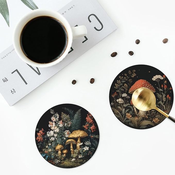 Mushroom Coasters for Drinks with Holder Round Leather Coasters Set of 6 Cups Mugs Mat Pad for Home Kitchen Bar