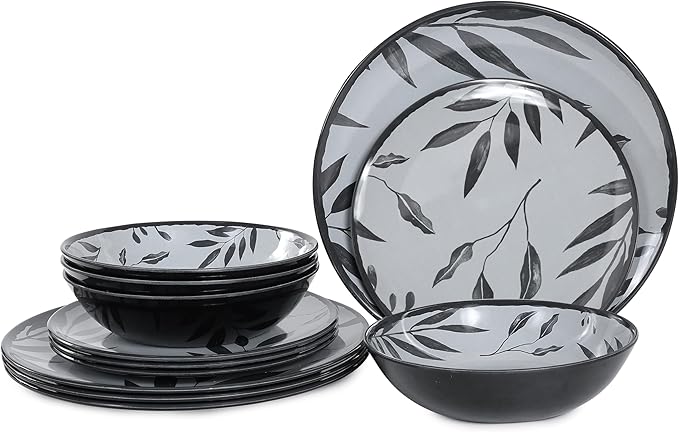 12pcs Melamine Dinnerware Set - Service for 4 Melamine Plates and Bowls Set, Unbreakable Dinner Salad Dessert Plate, Cereal Bowl Set for Indoor/Outdoor, Gray Leaf
