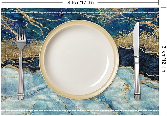 Marble Linen Placemats Set of 2, Modern Abstract Foil Texture White Blue Gold Marble Washable Cloth Place Mats, Non-Slip Dining Table Placemats for Home Kitchen Party Banquets Decor 12x17 Inch