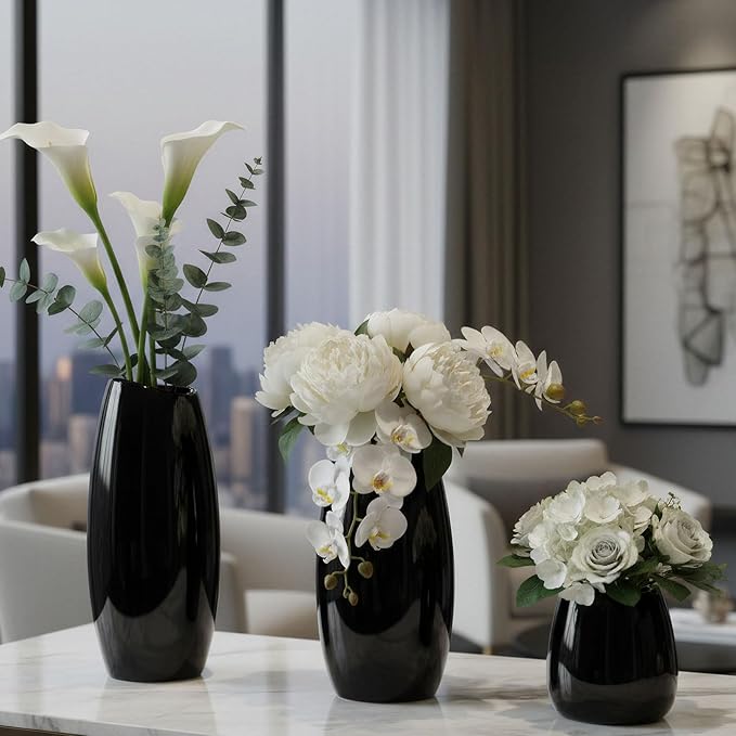 hjn Ceramic Vase Set of 3 Black Flower Vase for Home Decor, Modern Decorative Vase for Flowers/Ideal Shelf Decor/Table/Living Room/Kitchen/Office-Black