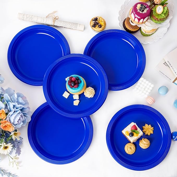 WELLIFE Royal Blue Party Plates 7 Inch -150 Count, Disposable Plastic Dark Blue Dessert Plates for Party Salad Cake Appetizer