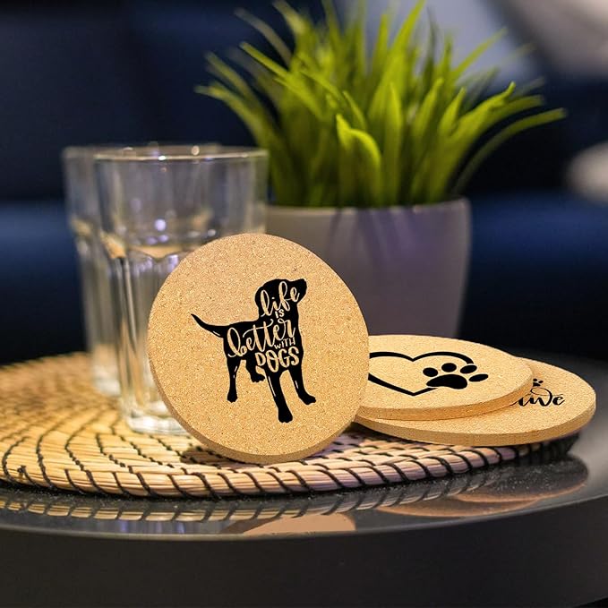 Coasters for Drinks with Set of 6, Cute Dog Coaster for New Home Couples House Warming Gifts Absorbent Paw Cork Wood Bulk for Cup Desk Coffee Table Office Kitchen Decor, Round 4"
