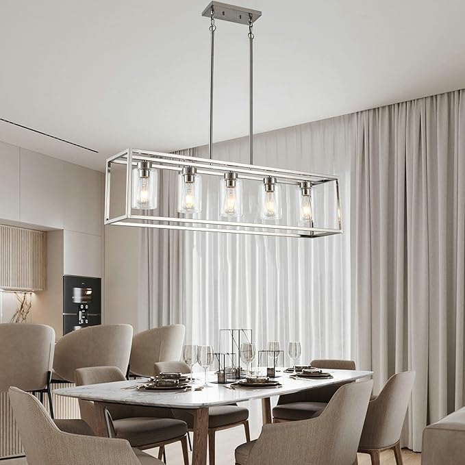 XILICON Dining Room Lighting Fixture Hanging Farmhouse Brushed Nickel 5 Light Modern Pendant Lighting Contemporary Chandeliers with Glass Shade for Living Dining Room Bedroom Kitchen Island