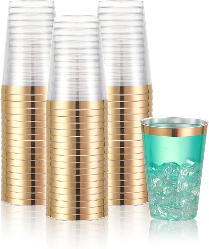 N9R 72PCS Gold Plastic Cups, 12OZ Clear Plastic Cups with Gold Rim, Disposable Cups Perfect for Parties, Wedding and Birthday