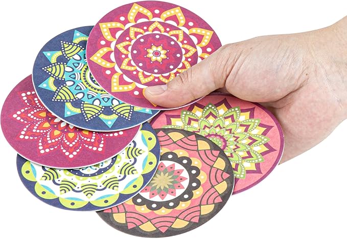 Restaurantware Paper Bar Coasters 48 Count 3.5 Inch Super Absorbent Beverage Coasters Pulpboard Assorted Design Drinkware Coasters Durable Paper Round Assorted