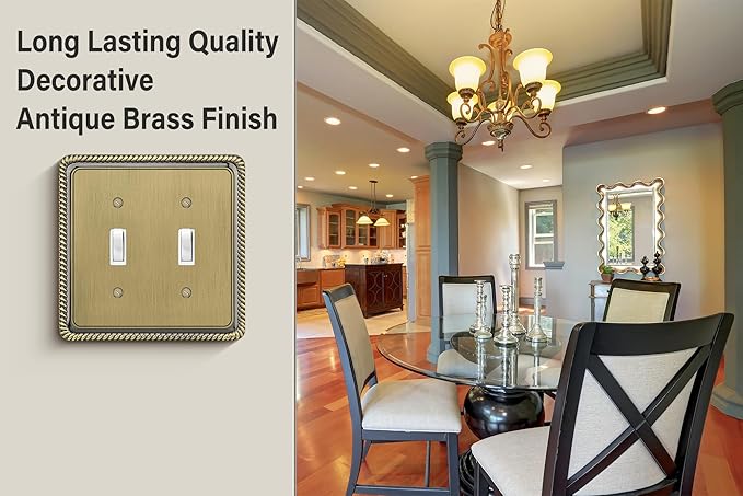 Henne Bery Rope Edge Decorative Wall Plate Switch Plate Outlet Cover (Double Toggle, Antique Brass)