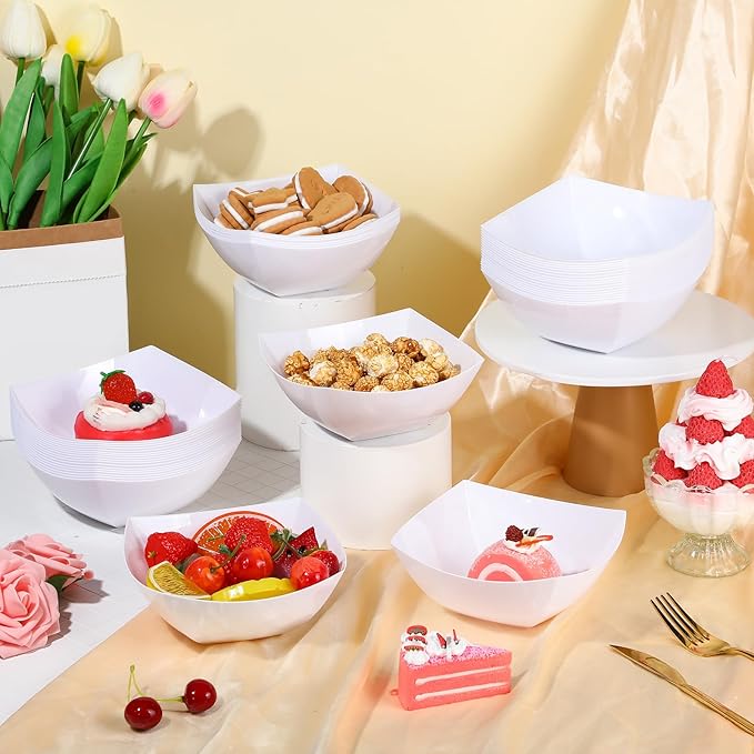 Sliner 100 Pcs Square Plastic Bowls 8 oz Plastic Serving Bowls Disposable Chip Containers for Parties Snack Fruit Candy Containers for Candy Buffet Salad Bar Buffet Party Supplies(White)