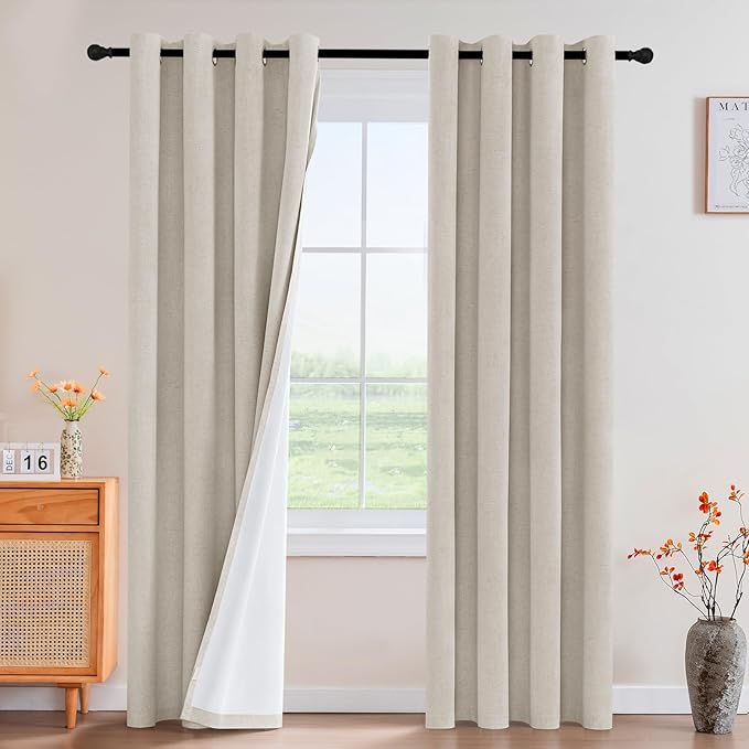 PrinceDeco 100% Blackout Linen Curtains 96 Inch Long Nature Burlap Fabric Black Out Curtains for Nursery,Heat & Light Blocking 2 Panels Set Grommet Window Drapes,Heathered Linen