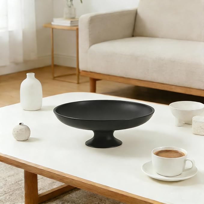 Large Black Decorative Bowl, Decorative Fruit Bowl for Kitchen Counter, Modern Pedestal Bowl for Home Decor, Stylish Key Bowls for Entry Table, Coffee Table Decorations