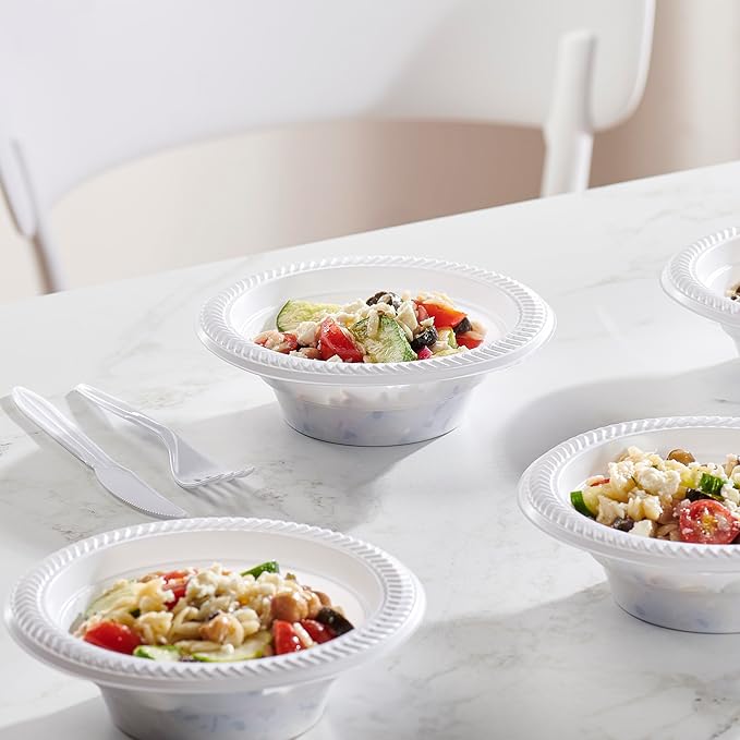 PLASTICPRO 100 PCS White Plastic Soup Bowls 12 oz Premium Quality Light Weight Dishes Disposable Plastic Bowls for Parties Weddings
