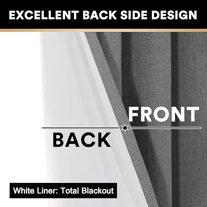 PrinceDeco Blackout Curtains 90" Long 2 Panels Set 100% Blackout Curtains for Bedroom Grommet Top Thermal Insulated with White Liners Flax Textured Full Blackout Window Draperies,W52 X L90, Grey