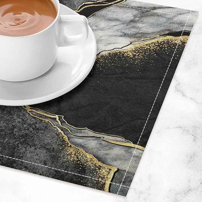 Marble Linen Placemats Set of 4, Modern Abstract Foil Texture Grey Black Marble 12x17 Inch Washable Table Mats Non Slip Placemats for Wedding Party Kitchen Banquets Dining Decoration