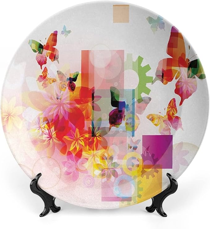 Decorative Plates, Abstract Print Ornament, Natural Design Flowers Leaves Squares Rounds, 10 Inch, 1 Plate with 1 Display Stand, Multicolor