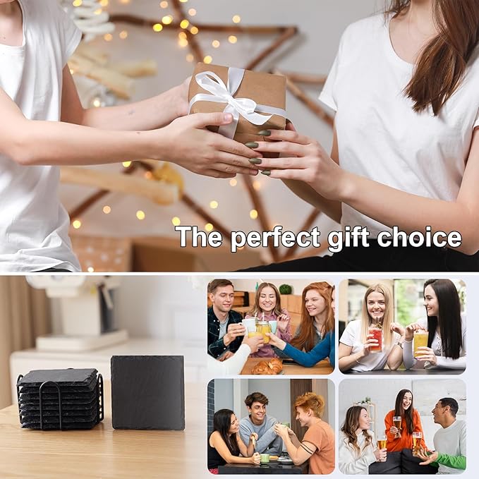 Slate Coasters Set of 48,4-Inch Black Square Stone Drink Coasters with Scratch-Resistant Backing,Durable Tabletop Protection for Home Office Kitchen,Ideal Housewarming Wedding Gifts