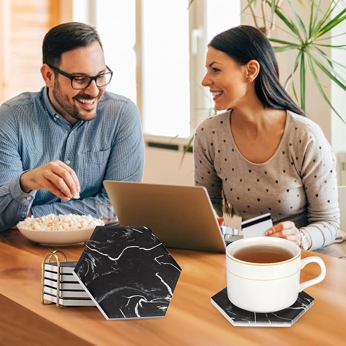 Cool Black Marble Coaster Set with Holder Hexagon Absorbent Coasters Modern Ceramic Coster 6 Pack Best Stone Drink Coaster Beverage Coffee Table Decor Funny Bar Desk Cup Coasters
