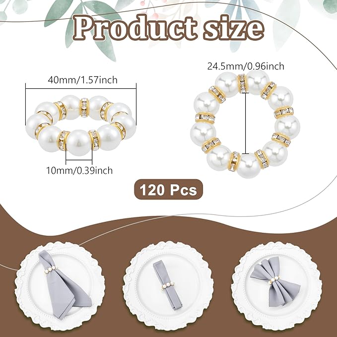 Peacoblue 120Pcs Gold Napkin Rings Imitation Pearl Ring Napkin Holder for Table Decor Settings, Vintage Napkin Ring for Wedding Christmas Thanksgiving Day Party