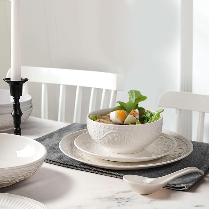 Artena Ceramic Cereal Bowls 26 oz, Embossment Soup Bowls Set of 4, White Salad Bowl for Kitchen, Dinner, Breakfast, Oatmeal, Rice, Pasta, Dishwasher Microwave Safe, 6 inch (Multiple Patterns)