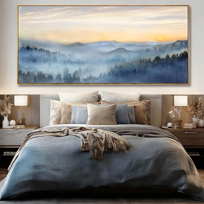 YJYart Blue Prints for Wall Decor Forest Wall Art Mountain Canvas Pictures 40"x86" Large Posters for Dining Room Office Artwork