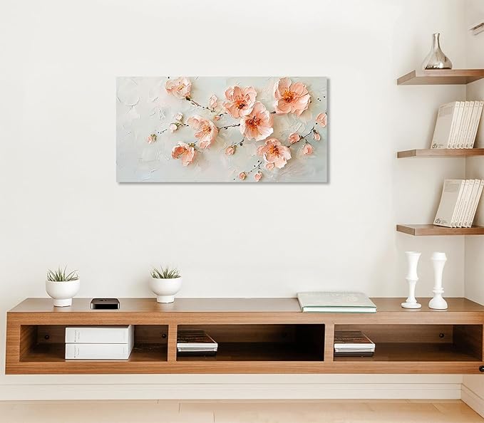 ADJUVANT Wall Art Impressionist Pink Floral 40"L x 20"W, Cherry Blossoms Canvas Painting Soft Petals Artwork Pastel Tones Prints Spring Flowers Wall Decor for Living Room Bedroom Bathroom Home Office