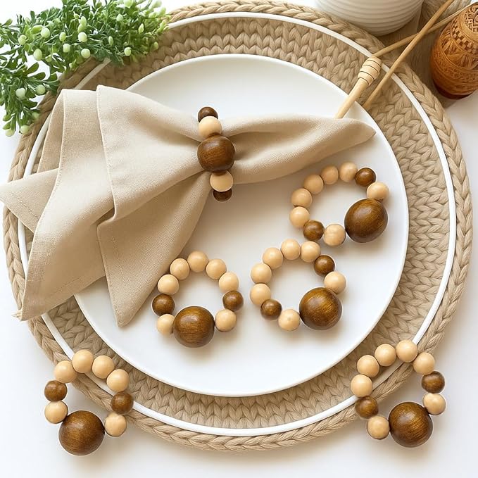 Napkin Rings Set of 6 - Modern Napkin Holder Rings with Wooden Beads | Dinner Napkin Ring for Holiday & Christmas, Birthday Party, & Wedding Decor - Farmhouse Napkin Rings Bulk (Loggi)