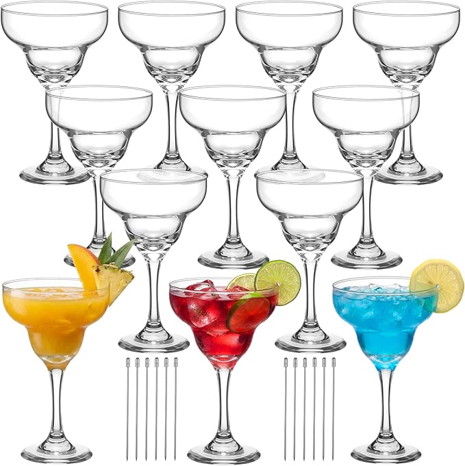Maxdot 12 Set 12 oz Large Margarita Glasses with Metal Cocktail Picks Crystal Stemmed Martini Cocktail Glass Bulk Clear Daiquiri Margarita Cups for Home Parties Wedding Pina Coladas Frozen Drinks
