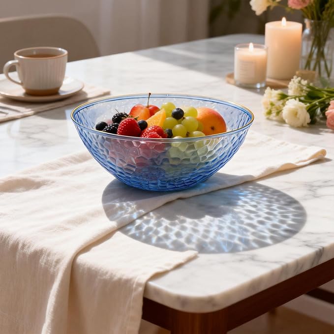 Tinybee 30 Pack Blue Plastic Bowls - Blue Disposable Bowls for Party with Gold Rim, 16-20oz Premium Hammered Bowls Disposable Heavy Duty, Plastic Salad Bowls for Milk Cereals, Snacks, Salads