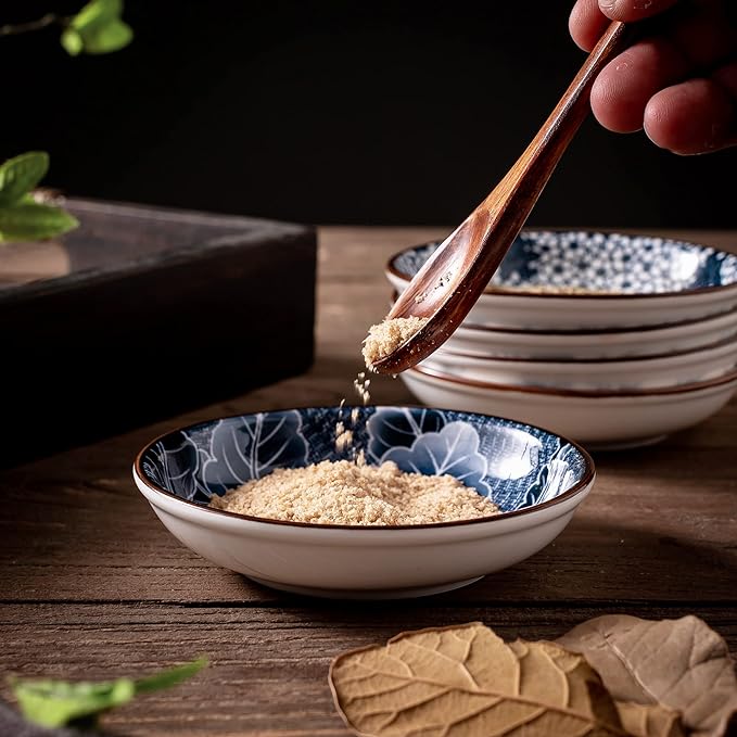 Japanese Style Ceramic Dipping Bowls,4'' Side Dishes Soy Sauce Dish for Sushi Dip,Snack,3 Oz Small Blue and White Pinch Bowl for Kitchen Prep - Set of 6 (4 inch)