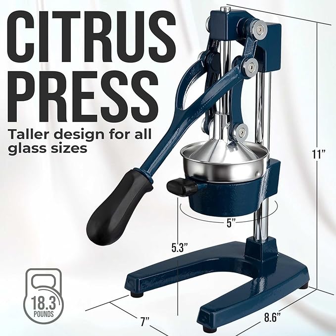 Zulay Kitchen Cast Iron Juicer - Easy-to-Clean Heavy-Duty Manual Juicer, Professional Citrus Juicer - Stainless Steel Lemon Squeezer - Manual Citrus Press & Orange Squeezer - Orange Juicer – Navy
