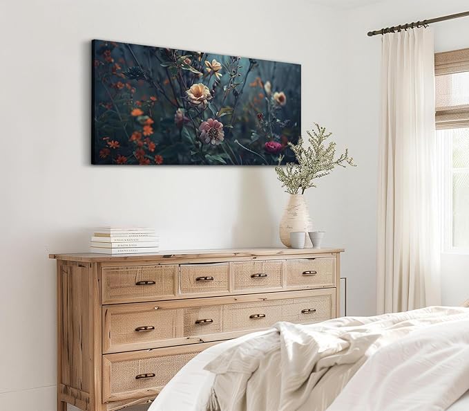 ADJUVANT Wall Art Impressionist Floral 40"L x 20"W, Dark Toned Blossoms With Lush Foliage Canvas Painting Enchanting Flowers Artwork Prints Floral Wall Decor for Living Room Bedroom Study Home Office