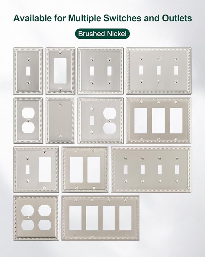 2-Pack Quad Decorator Outlet Cover Plate, Pearls Decorative Switch Plates and Outlet Covers, 4 Gang Brushed Nickel Metal Wall Plates, Corrosion Resistant