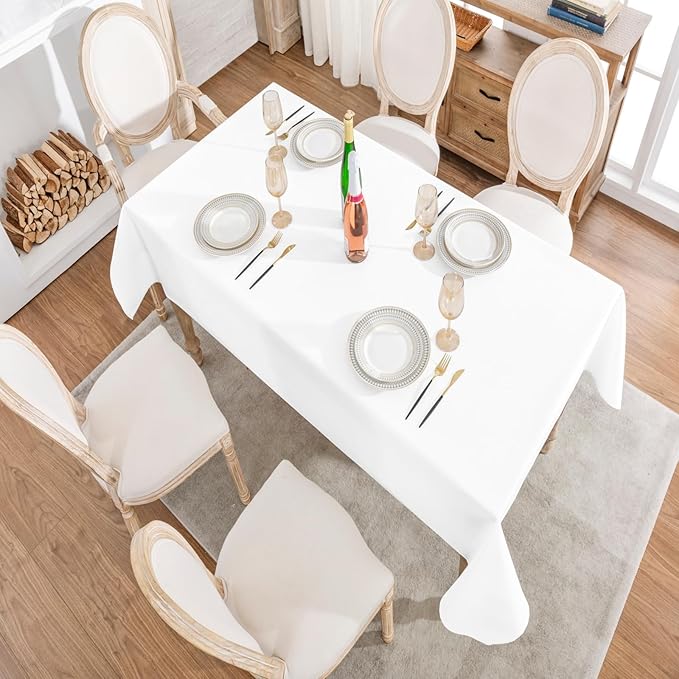 2 Pack Rectangle Tablecloth, 60x104 inch, Water Resistant Wrinkle Free Linen Textured Table Cloth Washable, Decorative Fabric Table Cover for Dining, Party and Camping, White