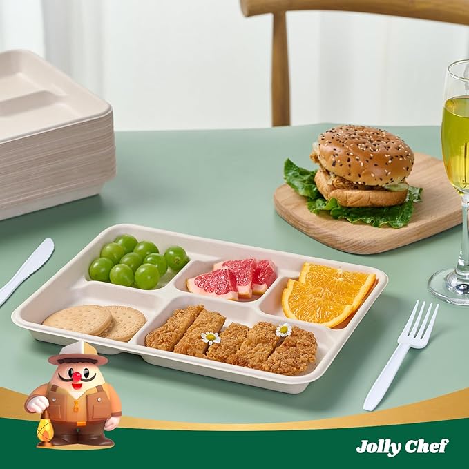JOLLY CHEF Compostable 𝟱 Compartment Paper Plates 𝟭𝟭 * 𝟴 𝗶𝗻𝗰𝗵 [𝟱𝟬𝟬 𝗣𝗮𝗰𝗸] Heavy Duty Natural Divided Disposable Eco-Friendly Biodegradable Food Trays for Party Lunch Dinner Christmas