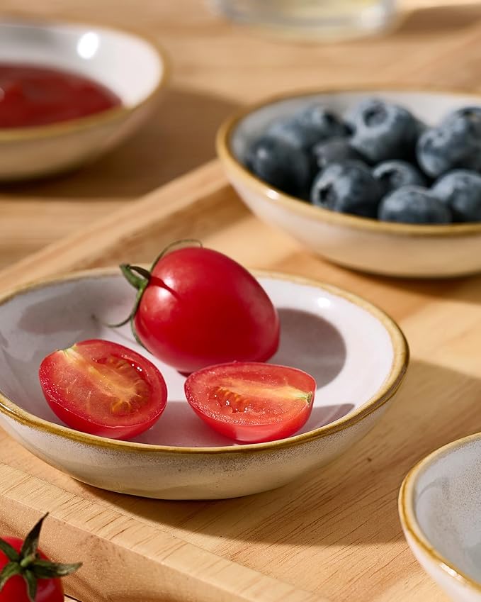 famiware Ocean Soy Sauce Dishes of 6, Oval Dipping Sauce Cups/Bowls/Dishes for Kitchen, 2.1oz Ceramic Small Bowls for Side Dish, Appetizers, Snacks, and Sushi, Reactive Glaze, Cappuccino White