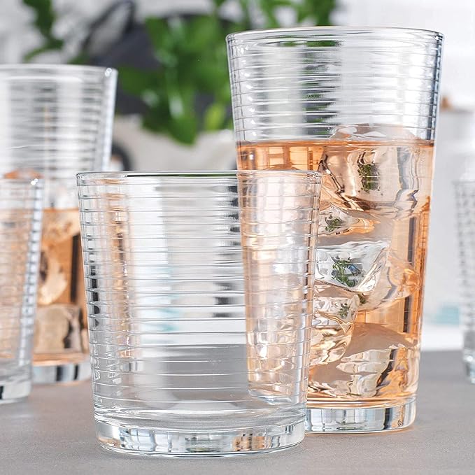 Glaver's Drinking Glasses Set of 12. Everyday Drinking Glasses. Mixed Drinkware Sets 6-17 oz Tall Kitchen Glass Cups, and 6-13 Oz Rocks Glasses. Ribbed Glassware Sets for Cocktail Beer Juice Water.