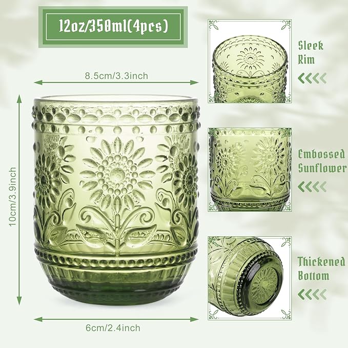 Topsky Vintage Drinking Glass Set of 4,12 oz Embossed Floral Drinkware Set,Green Drinking Glasses Cups Wine Glasses Colored Glassware for Whisky,Beer,Juice,Cocktail,Heavy Duty