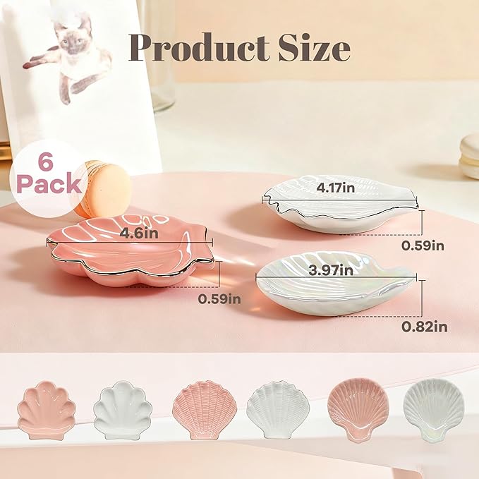 Shell Jewelry Tray Ring Dish, 4.33 Inch Key Bowl Ceramic Tray, Ttrinket Dish Jewelry Dish, Home Decoration, Gifts for Girlfriend Daughter Mother,Mother's Day Gift (6PCS-Shell)
