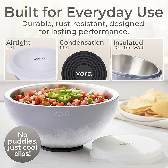 Vora 70oz Dip Chiller Bowl with Lid | Iced Grey Stainless Steel Chilled Dip Bowl for Dips, Guacamole, Hummus, Salsa | Insulated Serving Dishes with Easiest Water Fill & Refillable Chamber