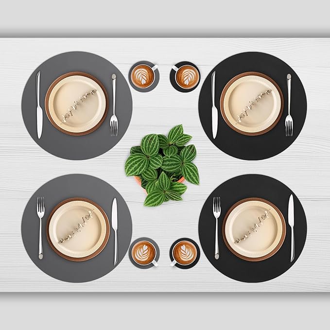 Myir JUN Round Placemats Set of 6 Faux Leather Place Mats and Coasters 15 inch Round Table Mats Dual Sided Non-Slip Stain Resistant Placemats (Gray & Black, Set of 6)