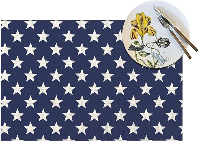 Independence Day Placemats 12x18 Inches Set of 4, 4th of July Blue Stars Placemats Summer Decorative Rectangle Star Table Mats for Party Home Kitchen Dining Table Decoration