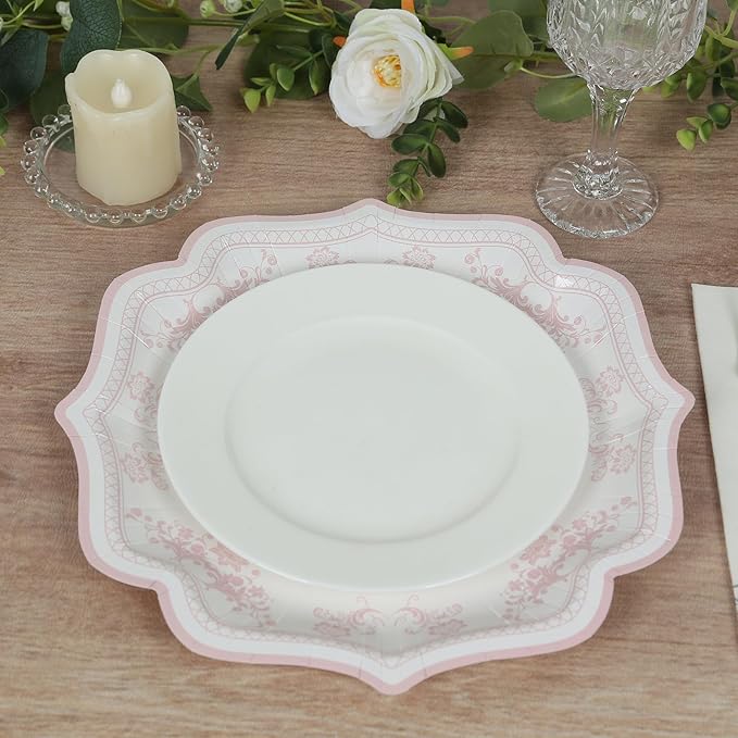 50 Pack 8" White Pink French Toile Dessert Plates, Disposable Round Paper Floral Pattern Appetizer Salad Plates 300 GSM for Party Decoration